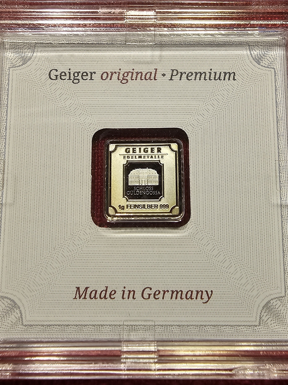 Schloss Güldengossa 1g AG 999 Silver Square Ingot - Silver & Blue - Picture 2 of 5